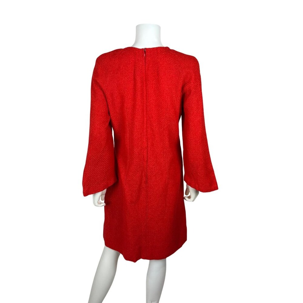 Vintage 70s Tweed Dress Womens Large Long Bell Sleeves Red Orange Woven Mini - Picture 8 of 10